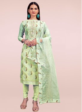 Cutdana Work Chanderi Silk Churidar Suit in Mint Green for Women