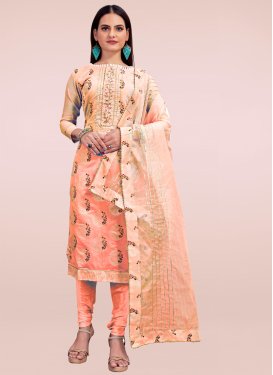 Cutdana Work Chanderi Silk Churidar Suit in Salmon for Women