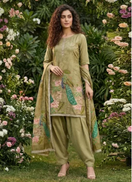 Cutdana Work Cotton Silk Punjabi Salwar Suit in Olive for Women