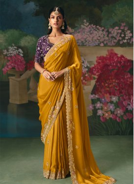 Cutdana Work Fancy Fabric Trendy Saree in Mustard for Women