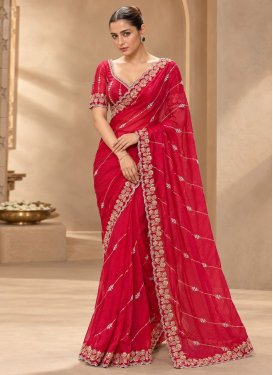 Cutdana Work Fendi Silk Classic Saree in Red for Women