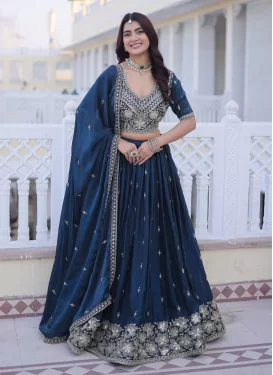 Cutdana Work Fendi Silk Trendy Lehenga Choli in Teal for Festival