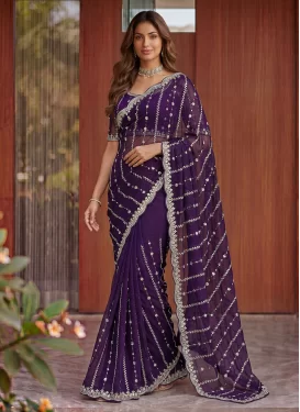 Cutdana Work Fendi Silk Trendy Saree in Purple for Women