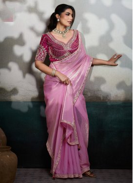 Cutdana Work Satin Silk Traditional Saree in Pink for Festival