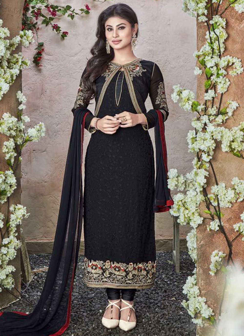 Delectable Black Color Mouni Roy Jacket Style Pakistani Salwar Kameez