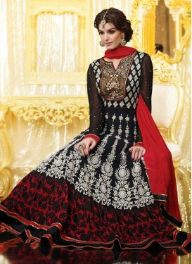 Deserving Black And Red Color Long Length Anarkali Salwar Kameez