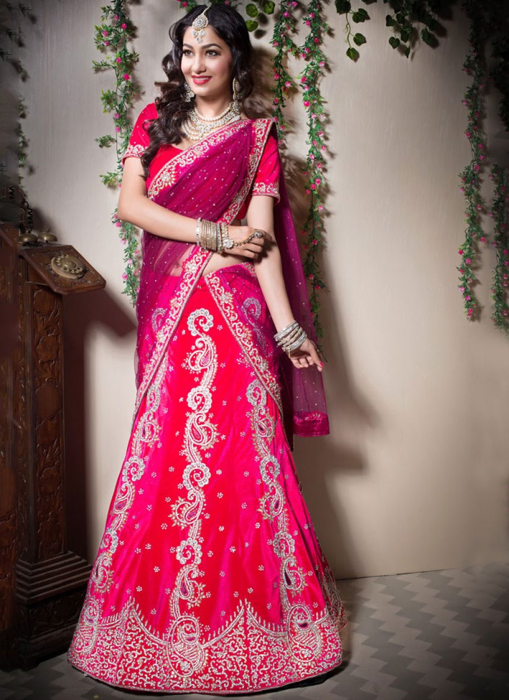 Designer Lehenga Choli Embroidered Velvet in Rose Pink