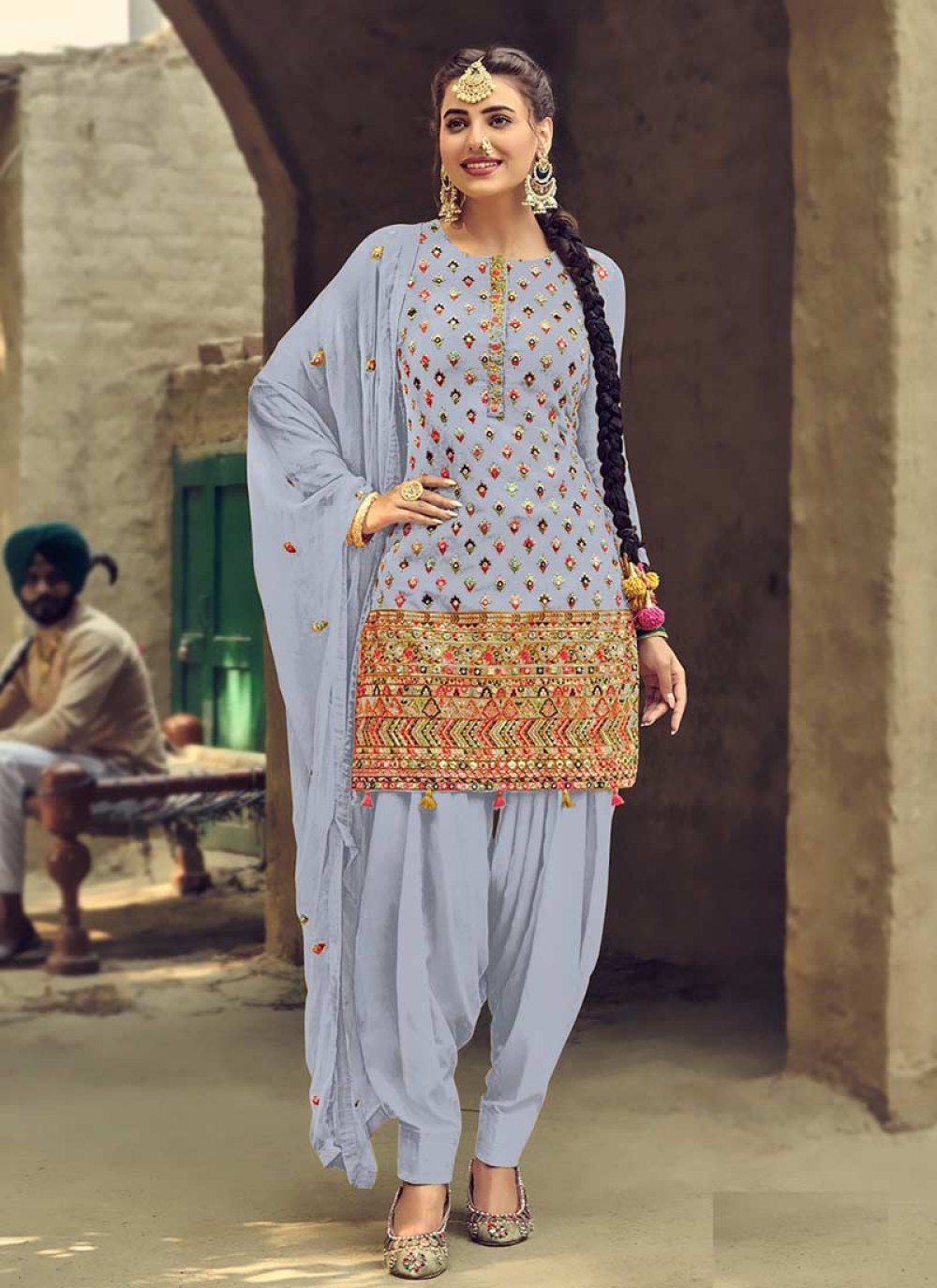 Stitched Multicolor Semi Patiala Salwar 100 Cotton Free Size