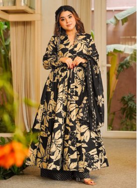 Digital Print Work Anarkali Suit For Festival in Black and Cream