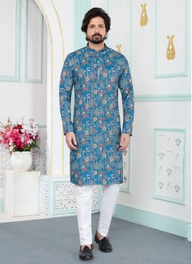 Digital Print Work Art Silk Kurta Pajama in Light Blue and White for Men