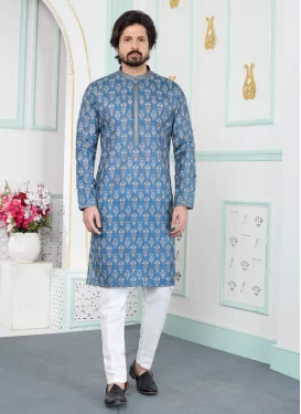 Digital Print Work Art Silk Kurta Pajama in Light Blue for Men