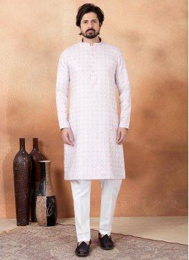 Digital Print Work Art Silk Kurta Pajama in Off White for Men