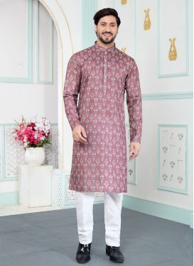 Digital Print Work Art Silk Kurta Pajama in Salmon and White for Ceremonial