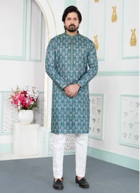Digital Print Work Art Silk Kurta Pajama in Teal for Men