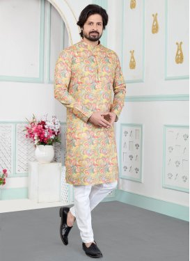 Digital Print Work Art Silk Kurta Pajama in White and Yellow for Ceremonial