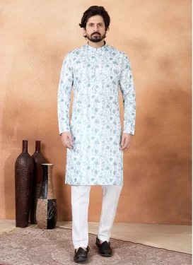 Digital Print Work Art Silk Kurta Pajama in White for Festival