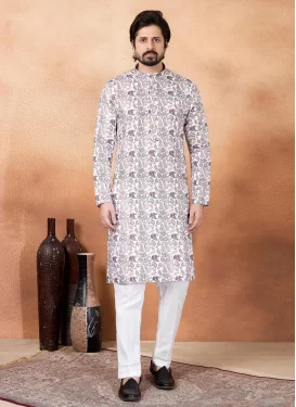 Digital Print Work Art Silk Kurta Pajama in White for Men