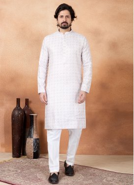 Digital Print Work Art Silk Kurta Pajama in White for Men
