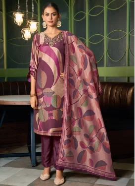 Digital Print Work Art Silk Readymade Salwar Suit in Maroon for Women