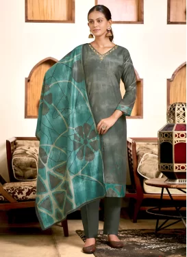 Digital Print Work Art Silk Readymade Salwar Suit in Sea Green for Women