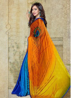 Digital Print Work Blue and Orange Half N Half Trendy Saree