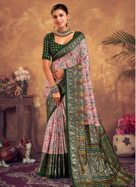 Digital Print Work Bottle Green and Pink Trendy Classic Saree