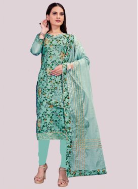Digital Print Work Chanderi Silk Churidar Suit in Aqua Blue for Festival