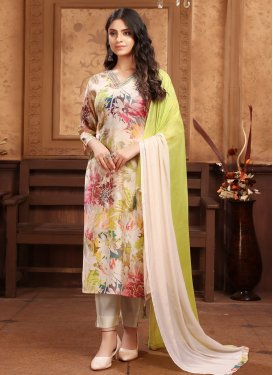 Digital Print Work Chanderi Silk Readymade Salwar Suit in Cream for Women