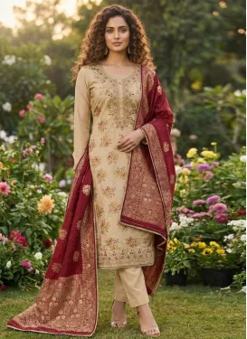 Digital Print Work Chanderi Silk Straight Suit in Cream for Ceremonial