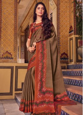 Digital Print Work Chiffon Satin Traditional Saree in Brown and Orange for Women