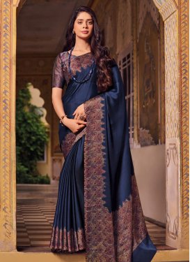 Digital Print Work Chiffon Satin Traditional Saree in Navy Blue for Women