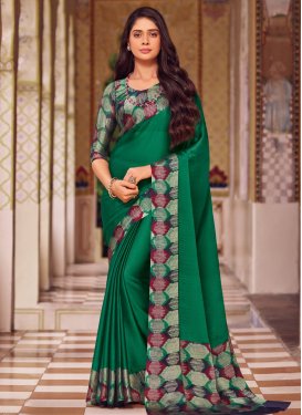 Digital Print Work Chiffon Satin Trendy Saree in Green for Women