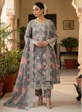 Digital Print Work Chiffon Straight Suit in Grey for Women