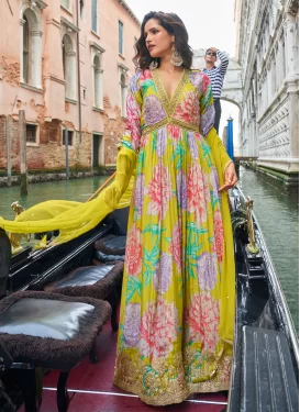 Digital Print Work Chinon Designer Gown in Aloe Veera Green for Women