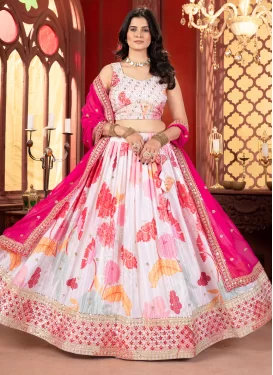 Digital Print Work Chinon Designer Lehenga Choli in Rose Pink and White for Women