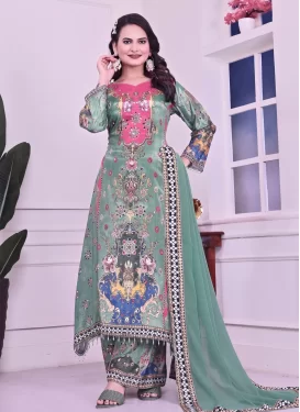 Digital Print Work Chinon Palazzo Suit in Aqua Blue for Festival
