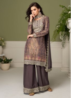Digital Print Work Chinon Palazzo Suit in Coffee Brown for Party