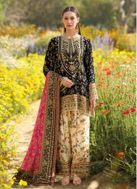 Digital Print Work Chinon Punjabi Salwar Suit in Black and Cream for Women
