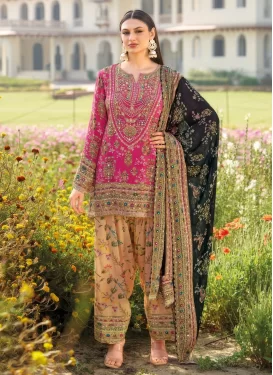 Digital Print Work Chinon Punjabi Salwar Suit in Cream and Rose Pink for Women