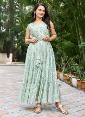 Digital Print Work Chinon Trendy Gown in Aqua Blue for Ceremonial