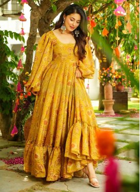 Digital Print Work Chinon Trendy Gown in Mustard for Women