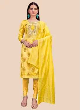 Digital Print Work Churidar Suit For Ceremonial in Yellow