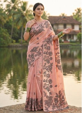 Digital Print Work Cotton Classic Saree in Salmon for Women