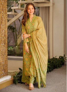 Digital Print Work Cotton Palazzo Suit in Mint Green for Women