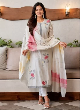 Digital Print Work Cotton Readymade Salwar Suit in Off White for Women