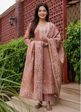 Digital Print Work Cotton Readymade Salwar Suit in Salmon for Ceremonial
