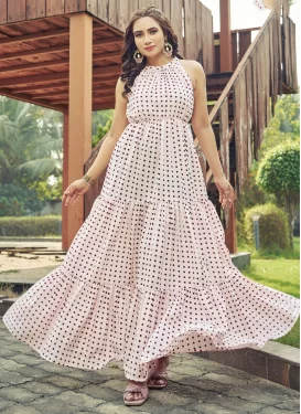 Digital Print Work Cotton Silk Designer Gown in Off White for Women