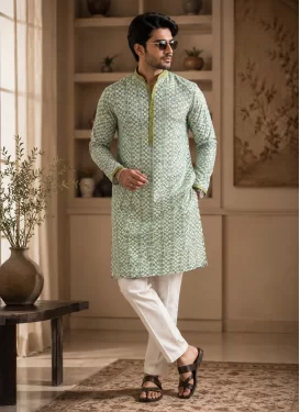 Digital Print Work Cotton Silk Kurta Pajama in Off White and Sea Green for Party