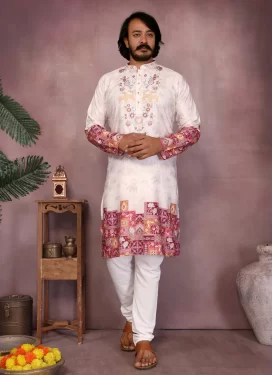 Digital Print Work Cotton Silk Kurta Pajama in Off White for Men