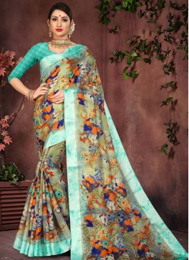 Digital Print Work Cotton Silk Olive and Turquoise Trendy Classic Saree